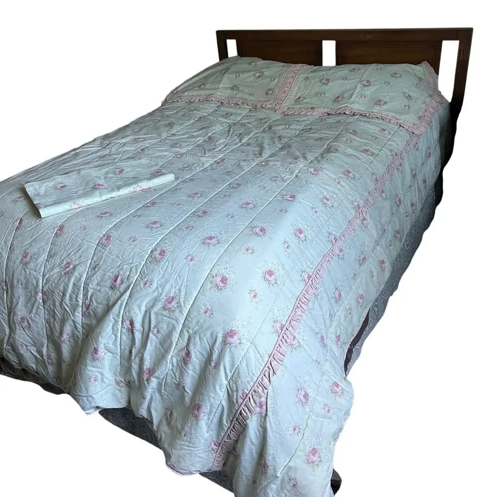 Laura Ashley Green Pink Rose rosemoor full comforter 2 shams cottage core ruffle